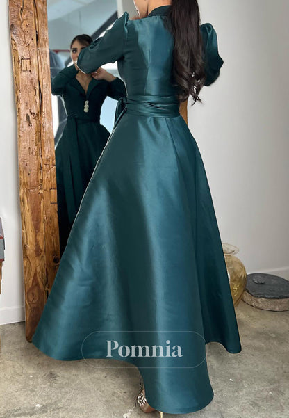 Peacock Long Sleeves V-Neck A-Line Evening Dress