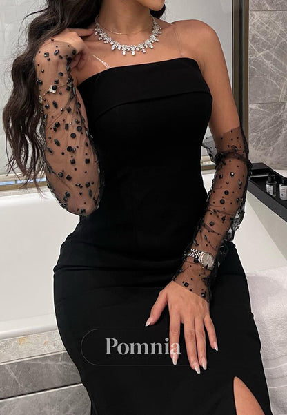 Black Half-Sleeves Off-Shoulder Slit Satin Evening Dress