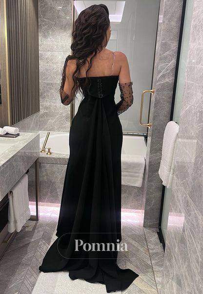Black Half-Sleeves Off-Shoulder Slit Satin Evening Dress