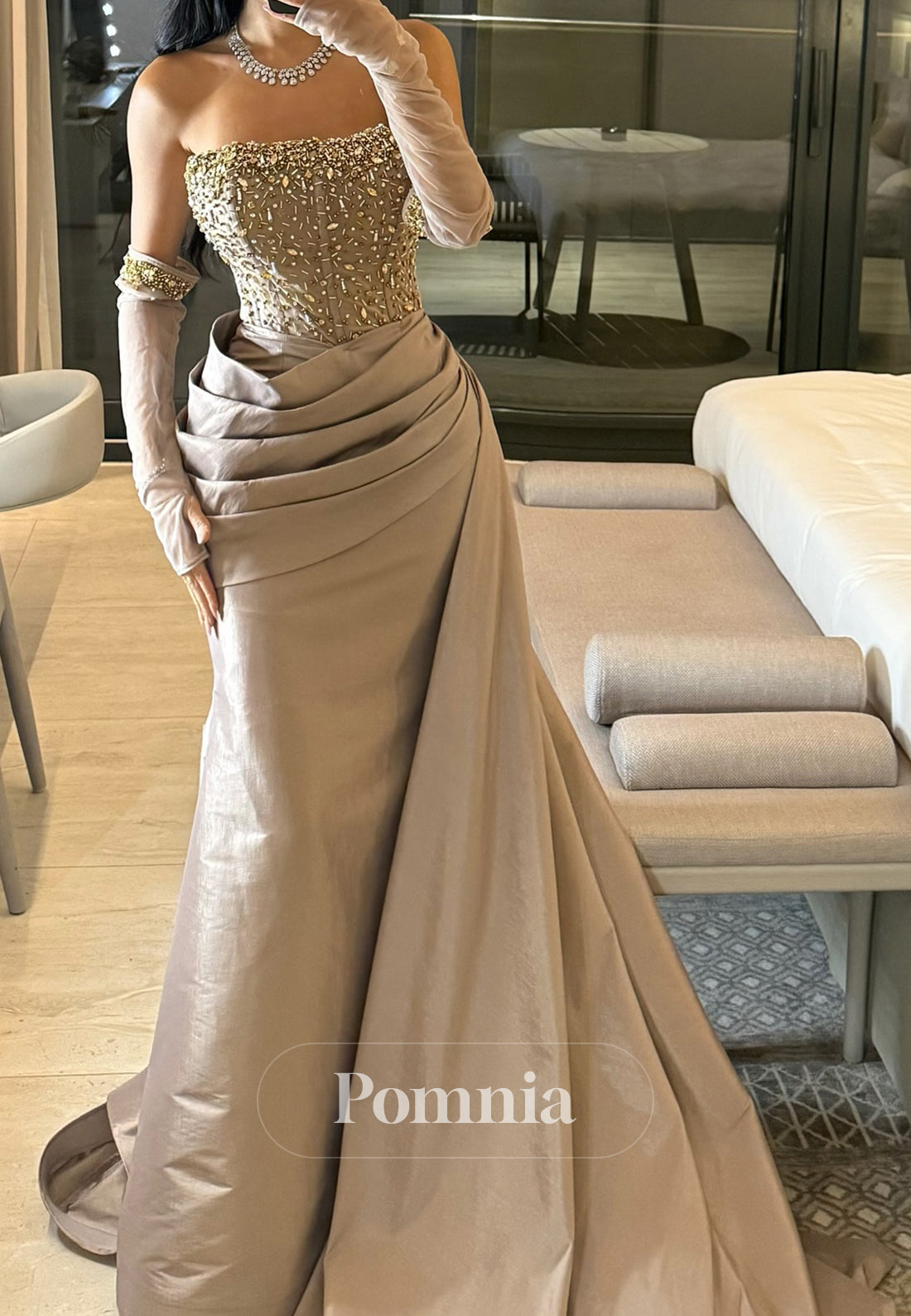 Dusty Mauve Long Sleeves Off-Shoulder Ruched Evening Dress