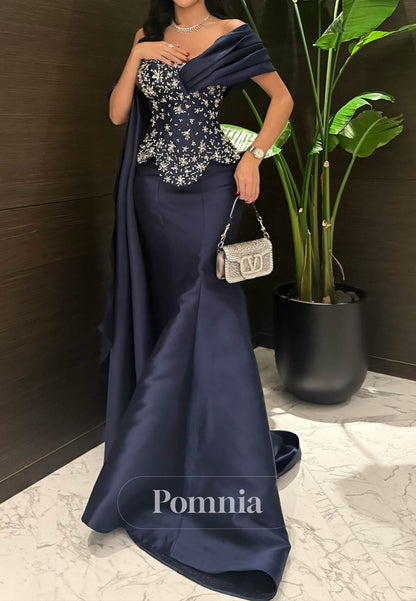 Dark Navy Sleeveless Strapless Beads Mermaid Evening Dress