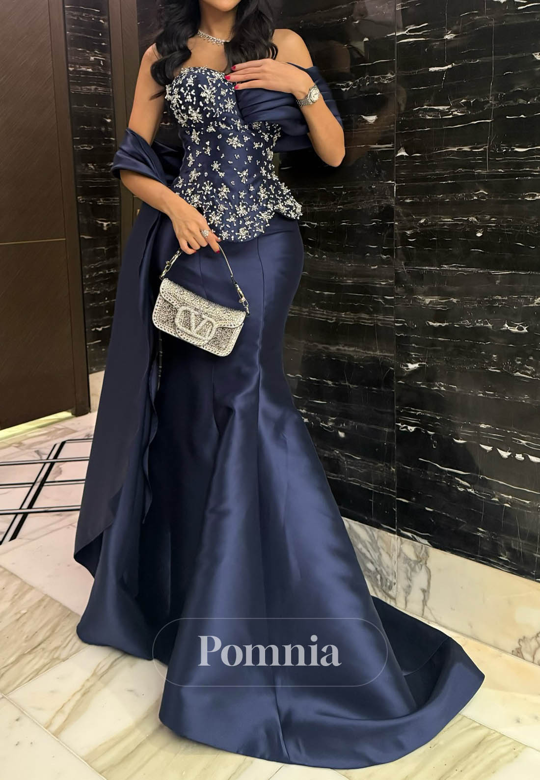 Dark Navy Sleeveless Strapless Beads Mermaid Evening Dress