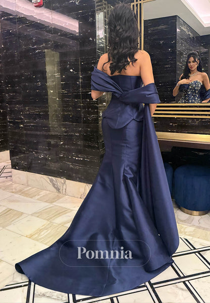 Dark Navy Sleeveless Strapless Beads Mermaid Evening Dress