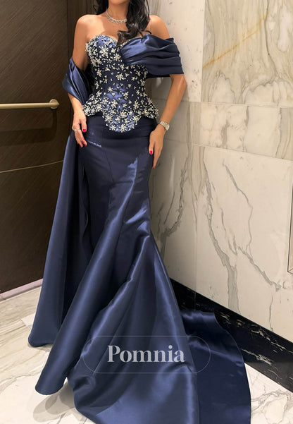 Dark Navy Sleeveless Strapless Beads Mermaid Evening Dress