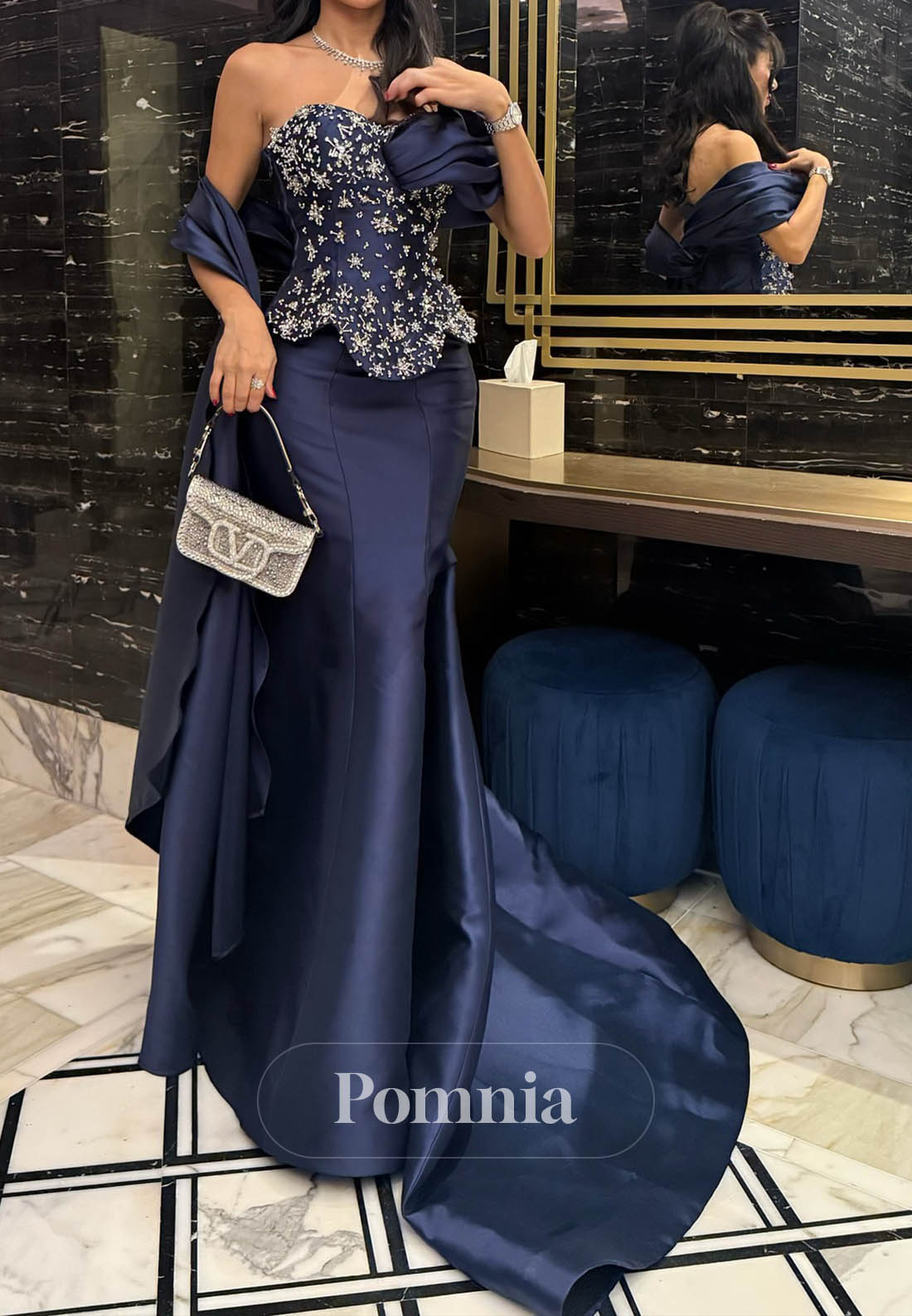 Dark Navy Sleeveless Strapless Beads Mermaid Evening Dress