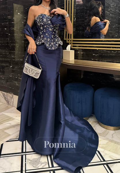 Dark Navy Sleeveless Strapless Beads Mermaid Evening Dress