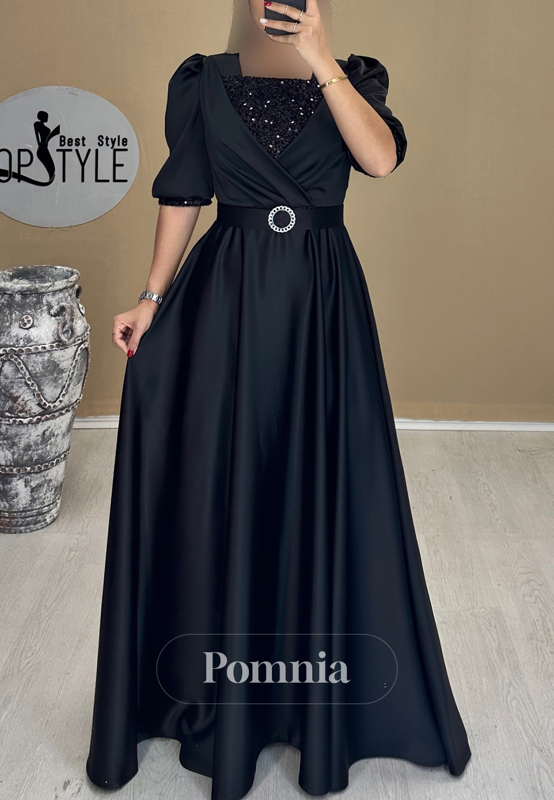 A-Line Short Sleeves Scoop Empire-Waist Evening Dress