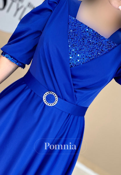 A-Line Short Sleeves Scoop Empire-Waist Evening Dress