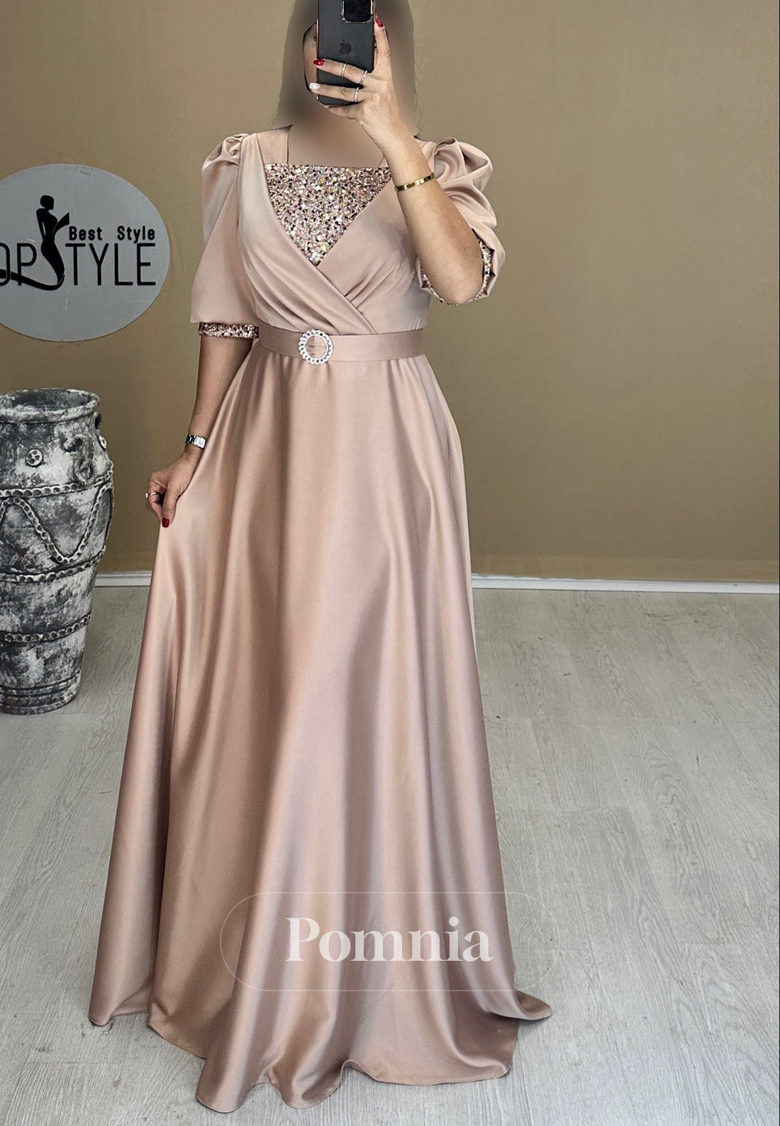 A-Line Short Sleeves Scoop Empire-Waist Evening Dress