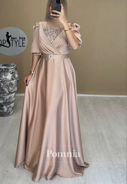 A-Line Short Sleeves Scoop Empire-Waist Evening Dress