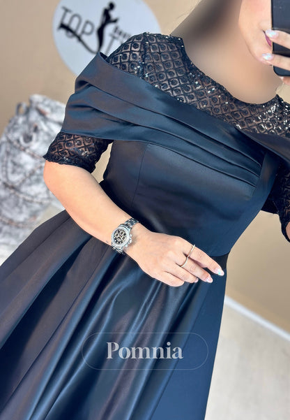 A-Line Short Sleeves Scoop Sequins Empire-Waist Evening Dress