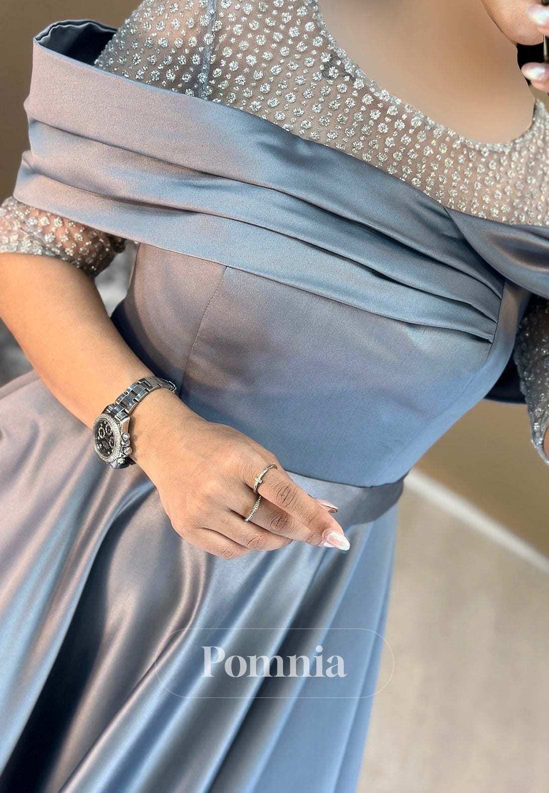 A-Line Short Sleeves Scoop Sequins Empire-Waist Evening Dress