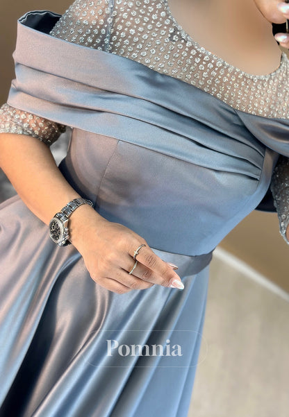 A-Line Short Sleeves Scoop Sequins Empire-Waist Evening Dress