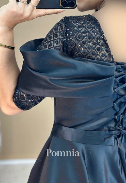 A-Line Short Sleeves Scoop Sequins Empire-Waist Evening Dress