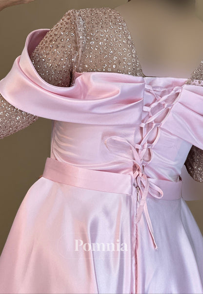 A-Line Short Sleeves Scoop Sequins Empire-Waist Evening Dress