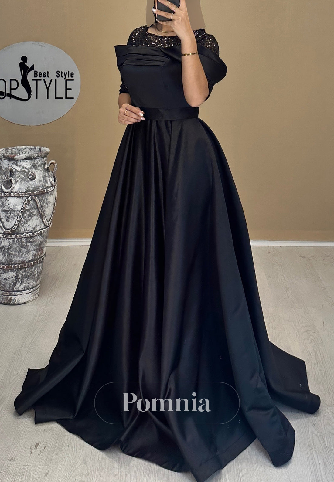 A-Line Short Sleeves Scoop Sequins Empire-Waist Evening Dress