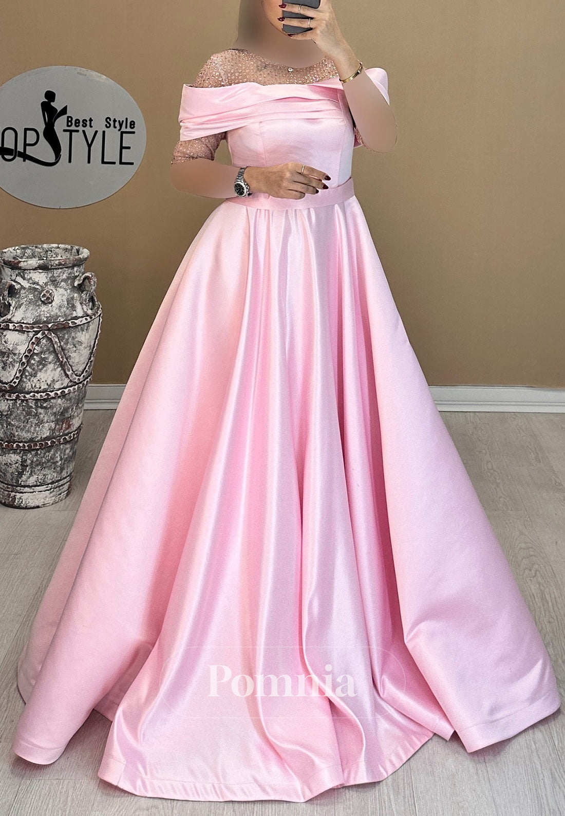 A-Line Short Sleeves Scoop Sequins Empire-Waist Evening Dress