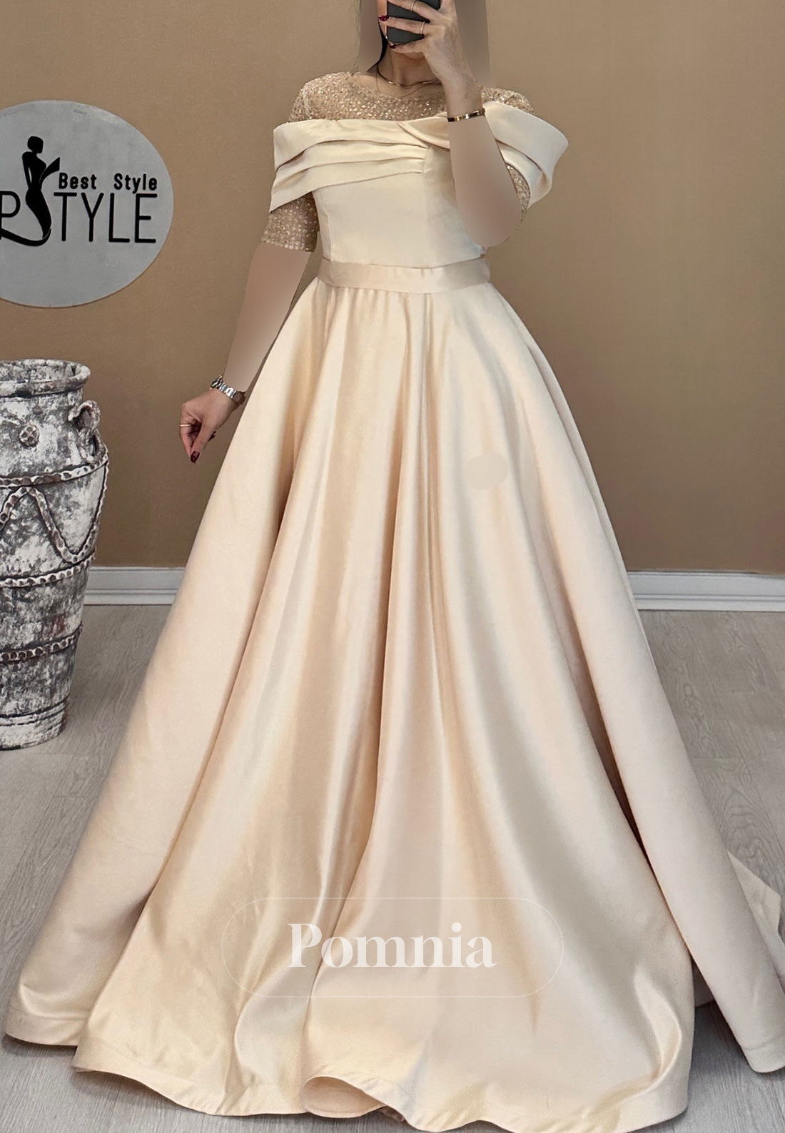 A-Line Short Sleeves Scoop Sequins Empire-Waist Evening Dress