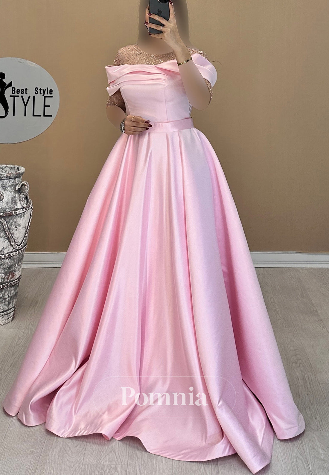 A-Line Short Sleeves Scoop Sequins Empire-Waist Evening Dress