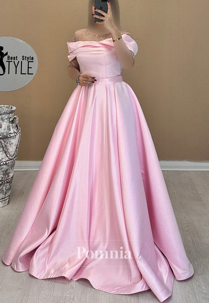 A-Line Short Sleeves Scoop Sequins Empire-Waist Evening Dress