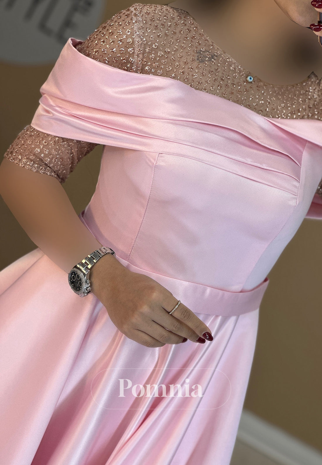 A-Line Short Sleeves Scoop Sequins Empire-Waist Evening Dress