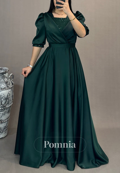 A-Line Short Sleeves Scoop Empire-Waist Evening Dress