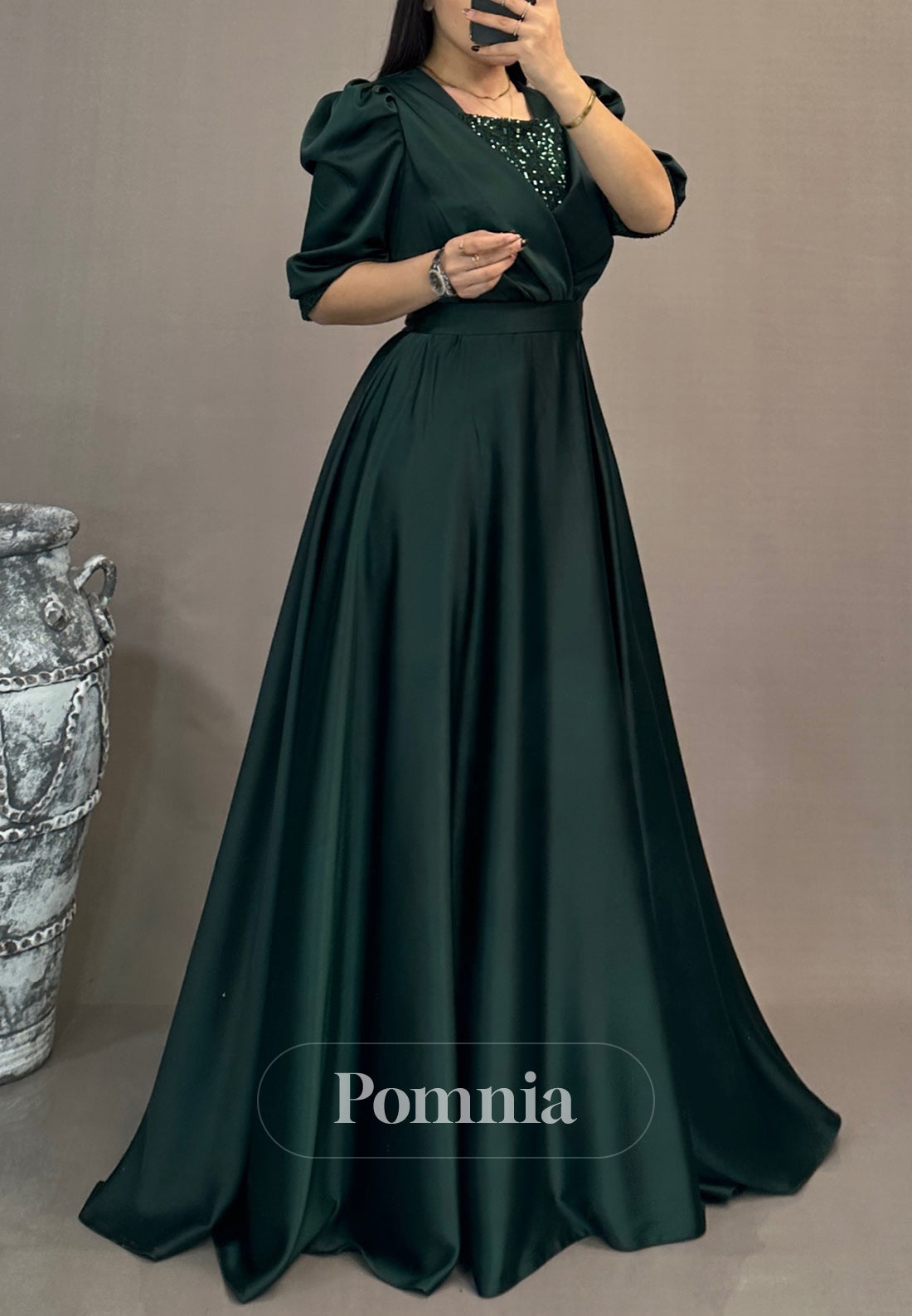 A-Line Short Sleeves Scoop Empire-Waist Evening Dress