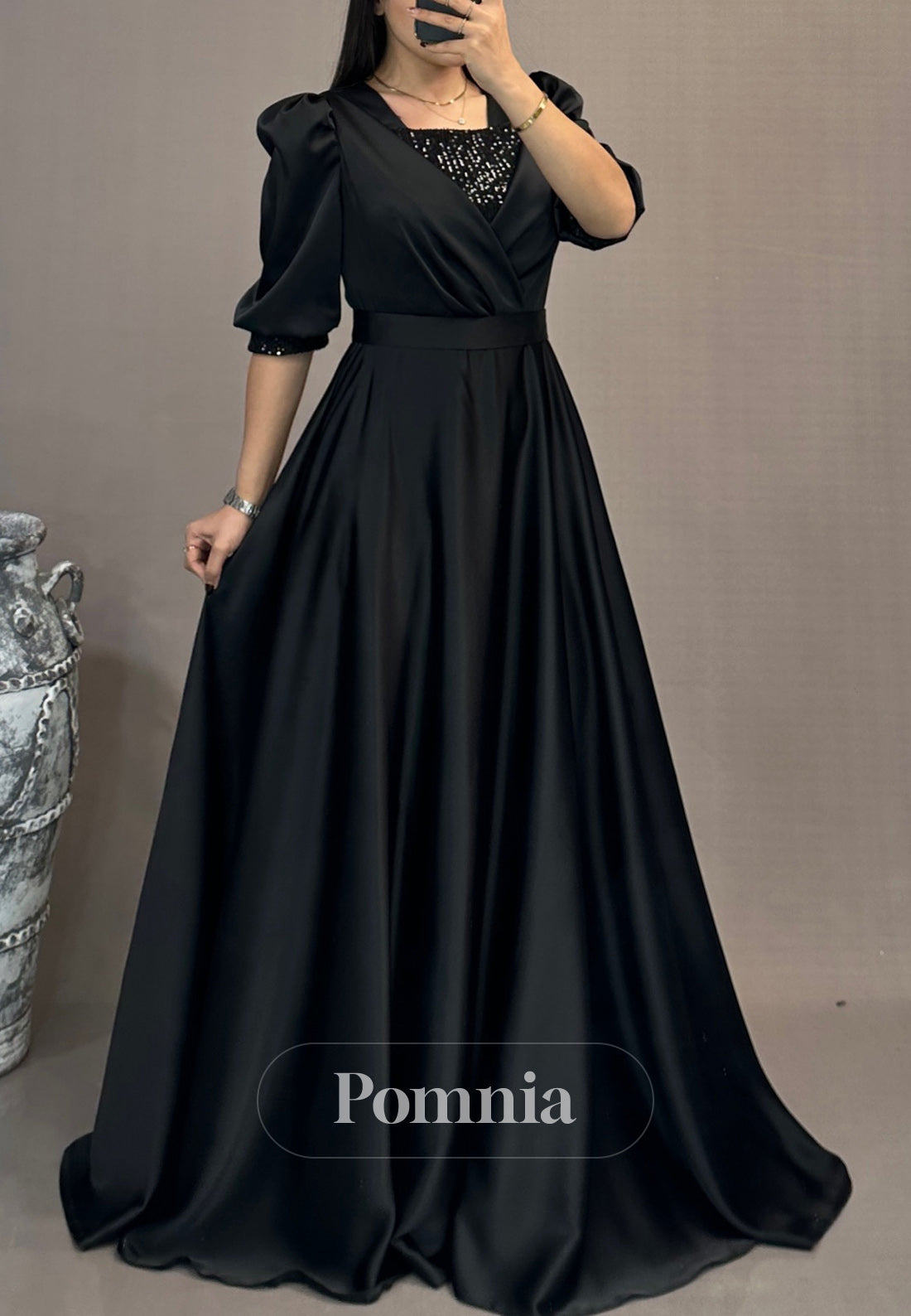 A-Line Short Sleeves Scoop Empire-Waist Evening Dress