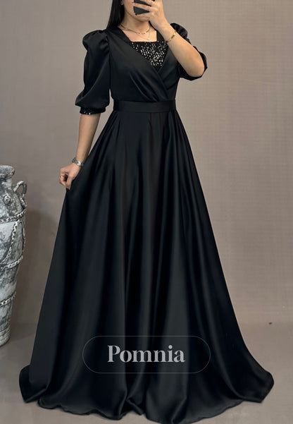 A-Line Short Sleeves Scoop Empire-Waist Evening Dress