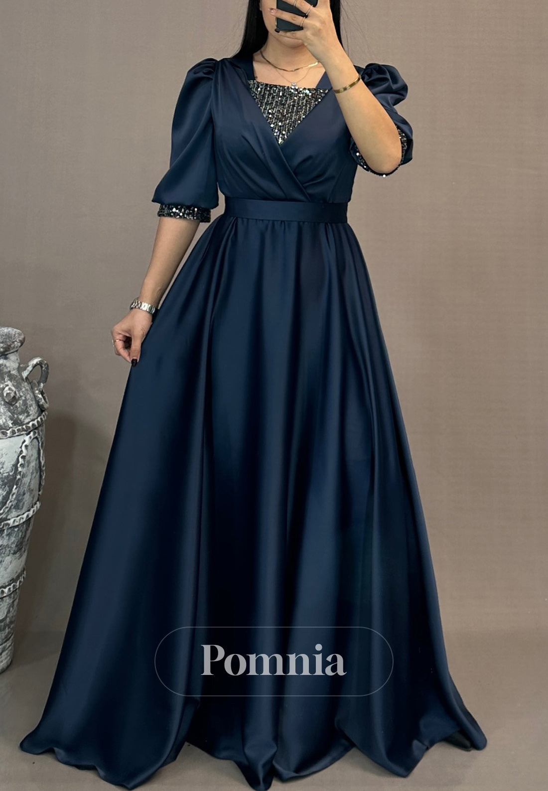 A-Line Short Sleeves Scoop Empire-Waist Evening Dress