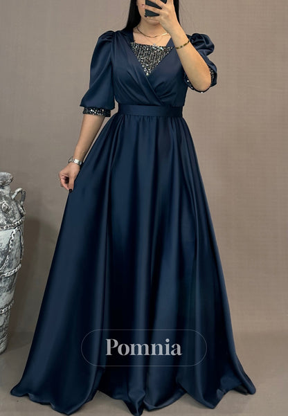 A-Line Short Sleeves Scoop Empire-Waist Evening Dress