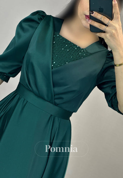 A-Line Short Sleeves Scoop Empire-Waist Evening Dress