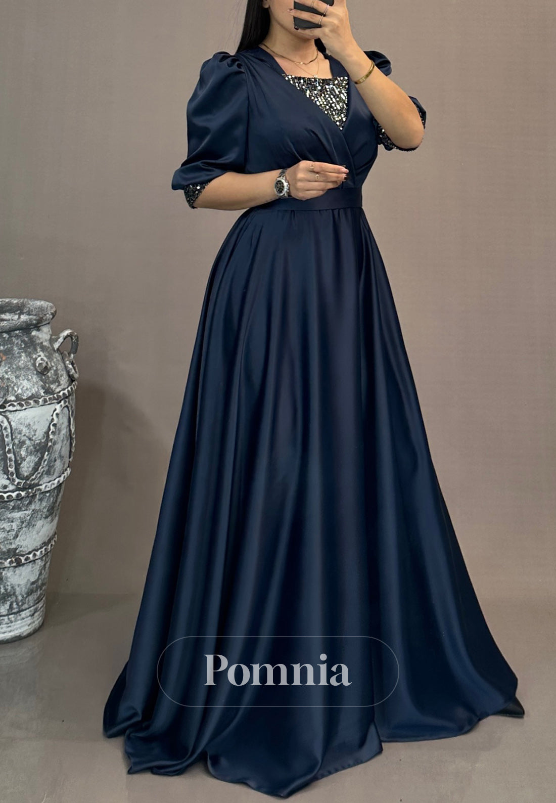 A-Line Short Sleeves Scoop Empire-Waist Evening Dress