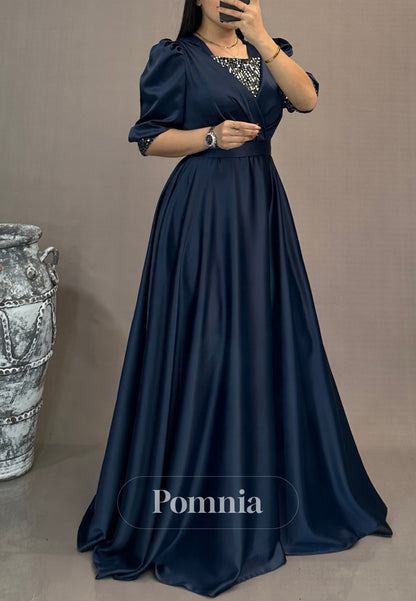 A-Line Short Sleeves Scoop Empire-Waist Evening Dress