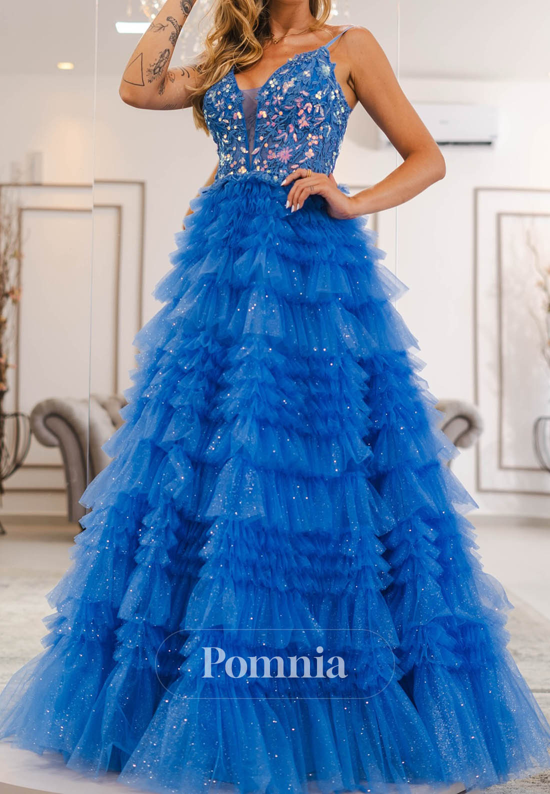 A-Line Halter Sleeveless Ruffles Sequins Prom Dress