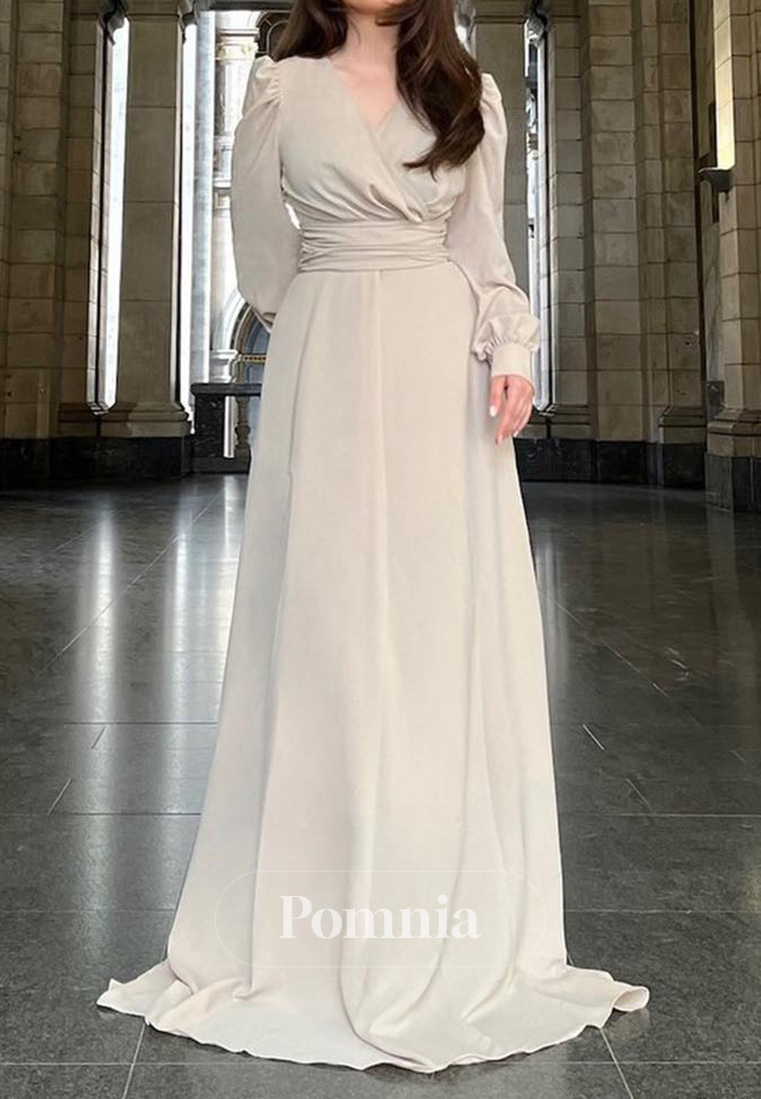 Simple Long Sleeves V-Neck Ruched A-Line Semi Formal Dress