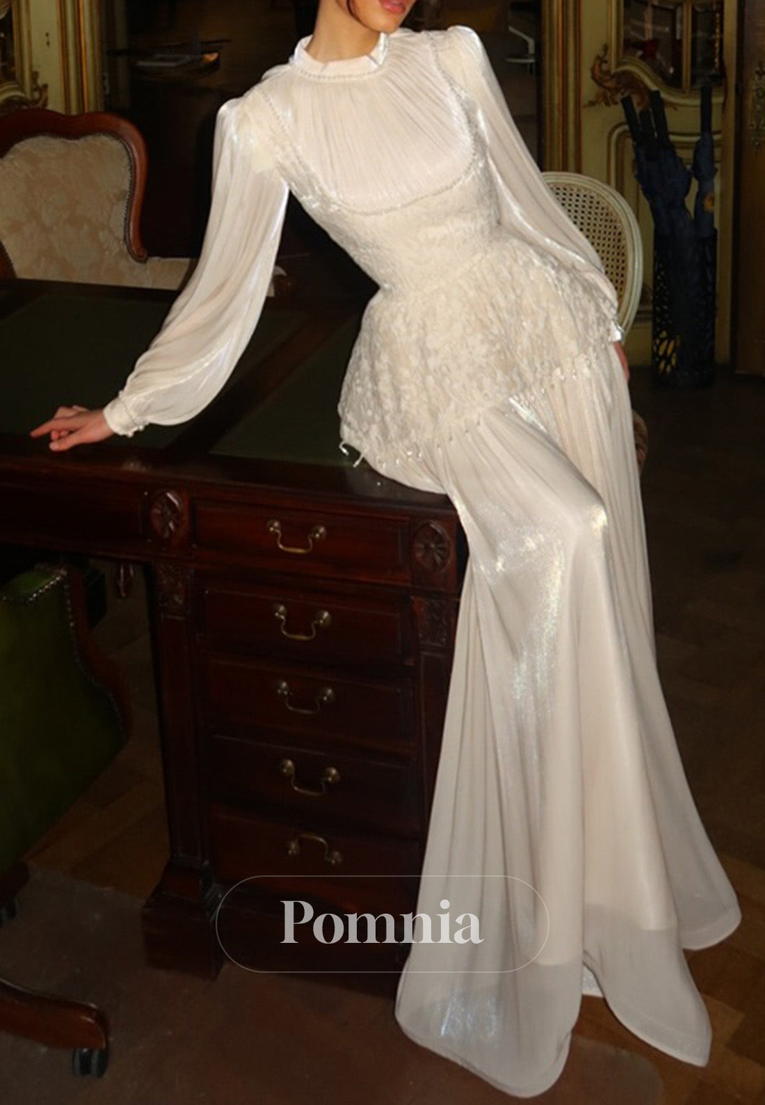 Elegant Long Sleeves High Neck Empire-Waist Evening Dress