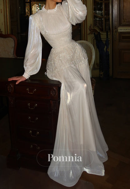 Elegant Long Sleeves High Neck Empire-Waist Evening Dress