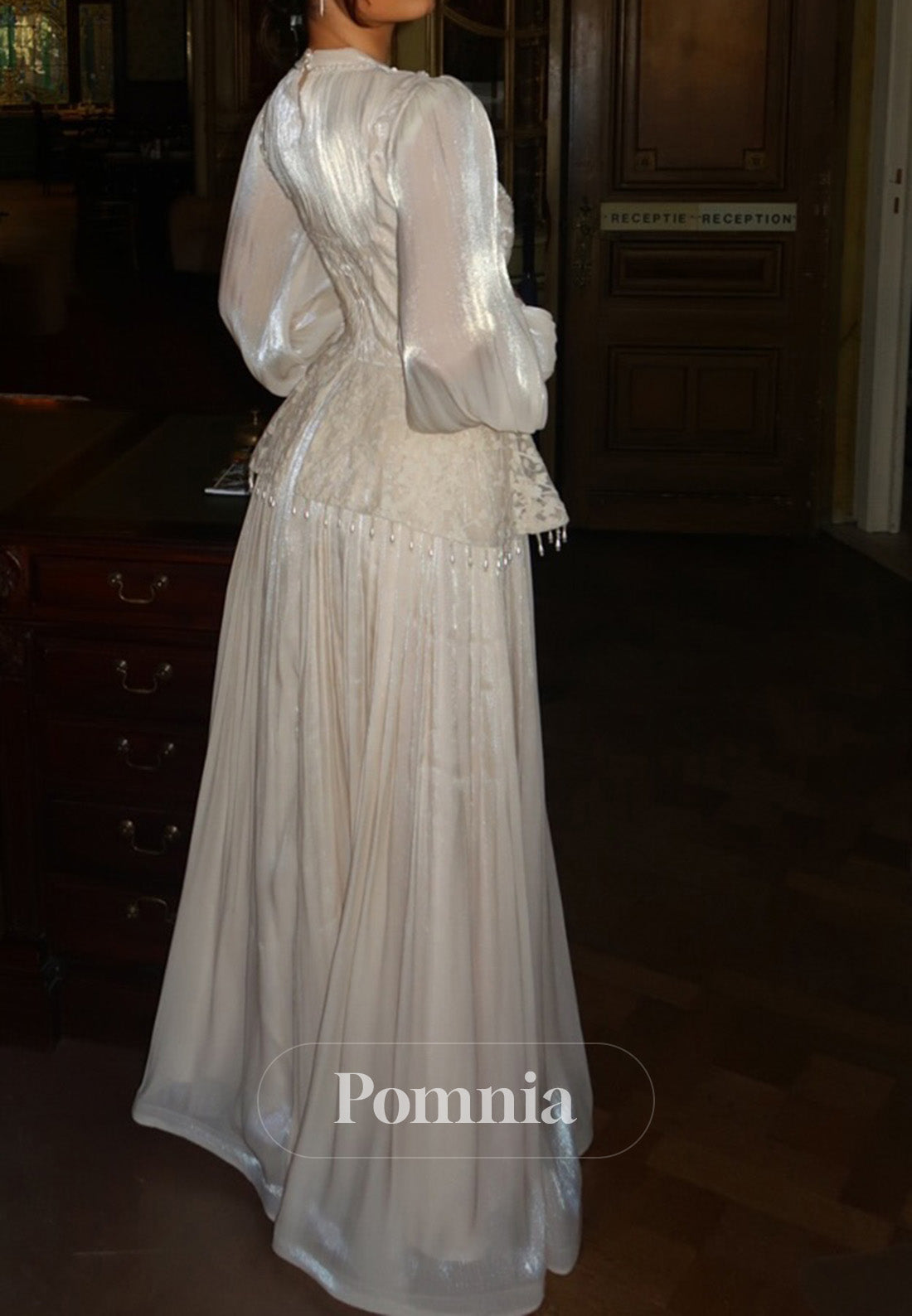 Elegant Long Sleeves High Neck Empire-Waist Evening Dress