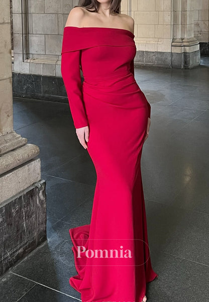 Red Long Sleeves Off-Shoulder Ruched A-Line Evening Dress