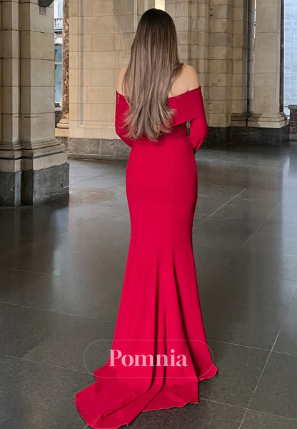 Red Long Sleeves Off-Shoulder Ruched A-Line Evening Dress