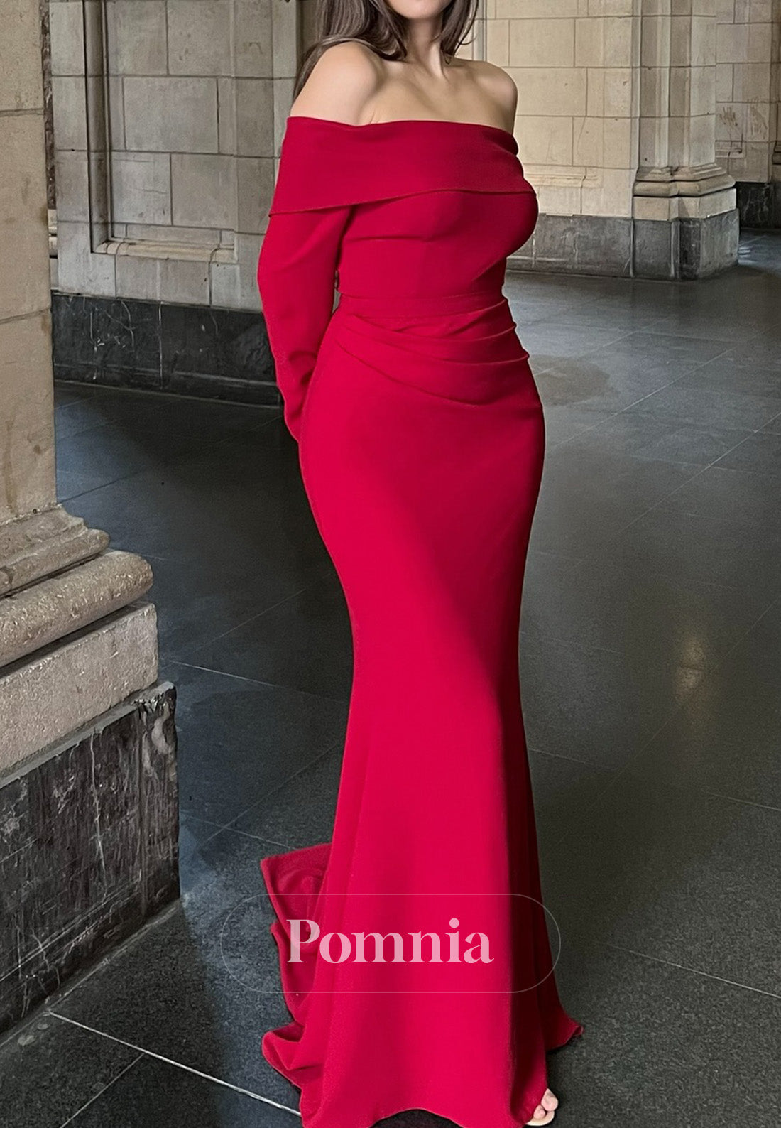 Red Long Sleeves Off-Shoulder Ruched A-Line Evening Dress