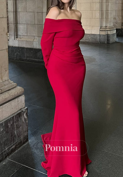 Red Long Sleeves Off-Shoulder Ruched A-Line Evening Dress