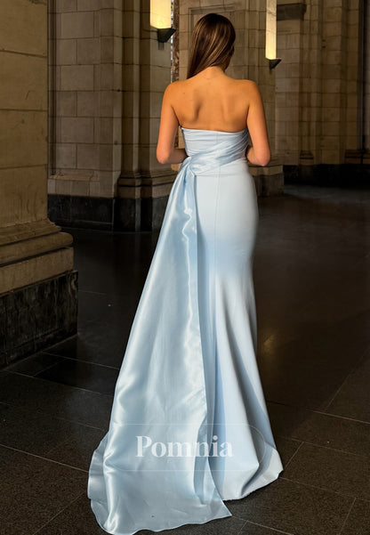 Sky Blue Sleeveless Strapless Ruched Sheath Prom Dress