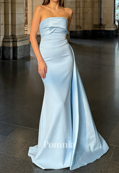 Sky Blue Sleeveless Strapless Ruched Sheath Prom Dress