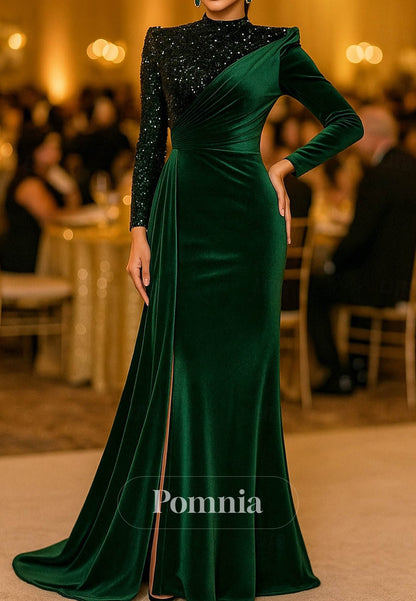 Velvet Scoop Long Sleeves Ruched Evening Dress