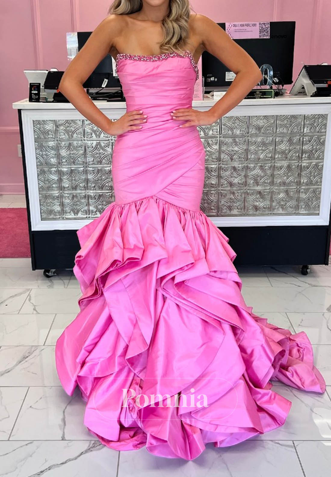 Candy Pink Sleeveless Strapless Ruffles Prom Dress