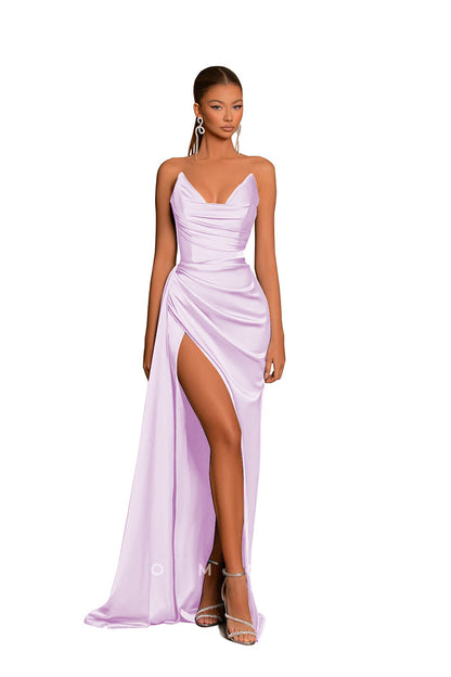 P1227 - Chic Strapless V-Neck Pleats Sleeveless Long Formal Evening Prom Dress with Slit