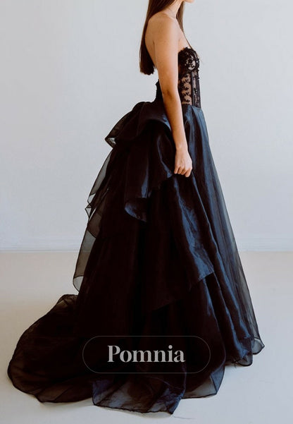 Black A-Line Sleeveless Strapless Corset Tulle Bowknot Wedding Dress