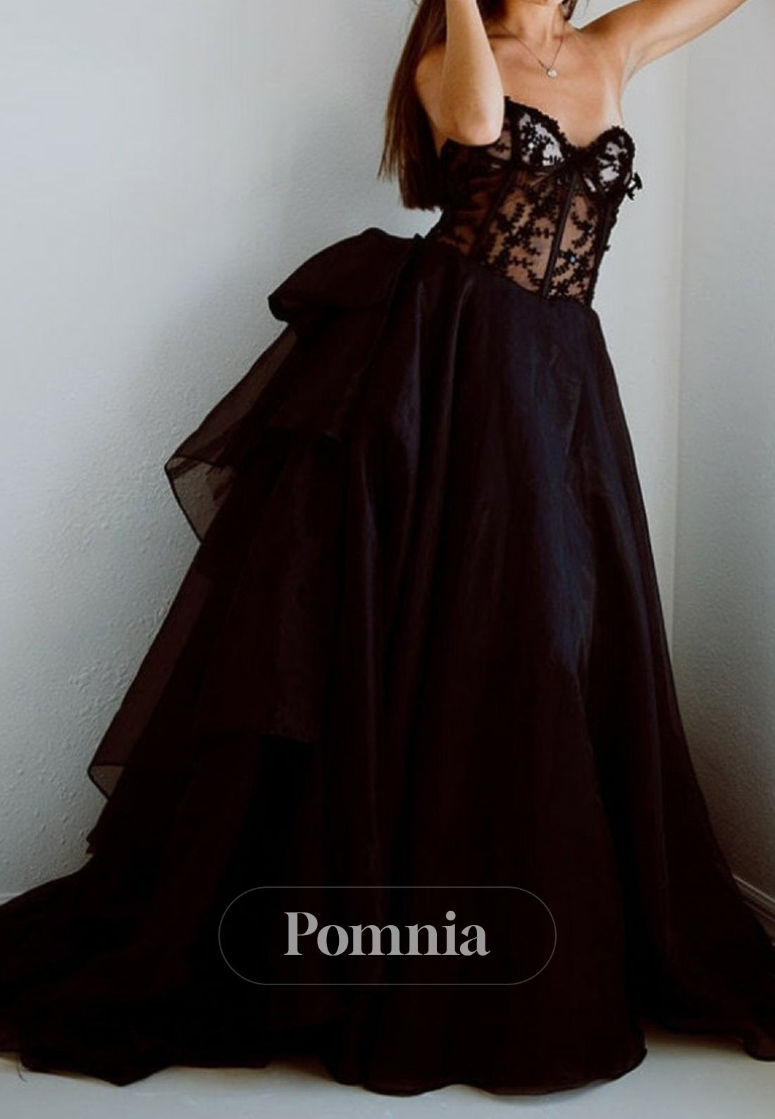 Black A-Line Sleeveless Strapless Corset Tulle Bowknot Wedding Dress